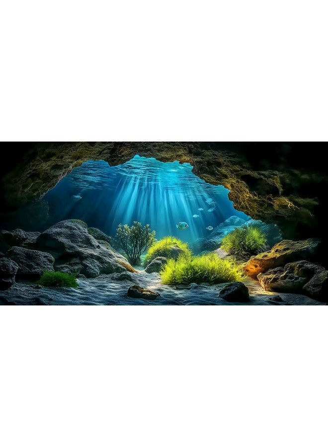 Generic Underwater Cave Aquarium Background Rocks Water Plants Sunburst Landscape Fish Tank Background 30x18 Inches PVC Glass Container Decoration with Tapes  - Image 1