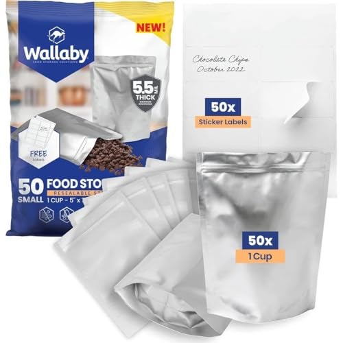Wallaby 50 Count 1-Cup Gusset Mylar Bags with Labels, 11 Mil Total Thickness Long-Term Food Storage Pouches, 7x5 Stand-Up Zipper Heat-Sealable Airtight Packaging - Silver - Image 1