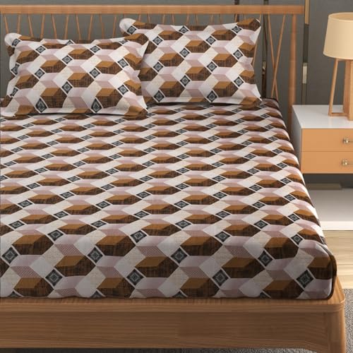 Furnofy Premium Wave Pattern Printed Double Bedsheet Set – Brown & Black (90x100 Inches) with 2 Pillow Covers – Flat - Image 1