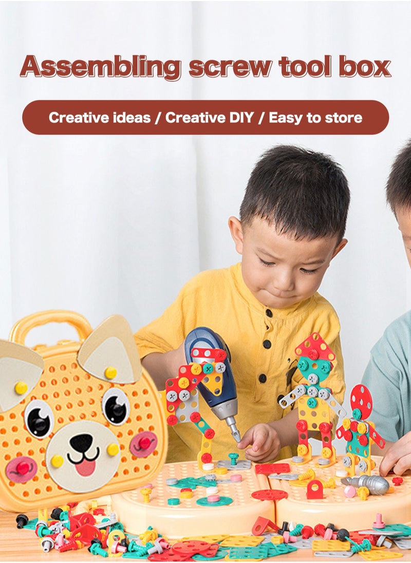 LOOPITYS Dog shaped toolbox toys -203 pieces creative drilling set creative drilling toys with screwdriver tools, electric drill toys, and rainbow fasteners - advanced STEM building set  - Image 1