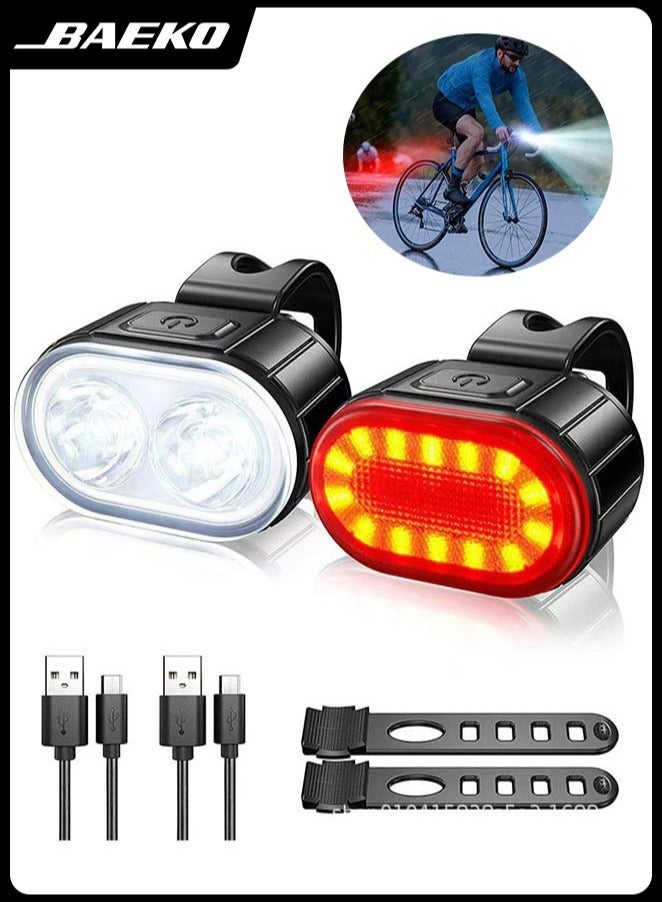 BAEKO Bike Lights Set, USB Rechargeable, Ultra Bright LED Cycle Light Front and Back Rear Light, IPX5 Waterproof Bike Light Set for Night Riding/Camping, 10 Lighting Modes, Longer Battery Life - Image 1