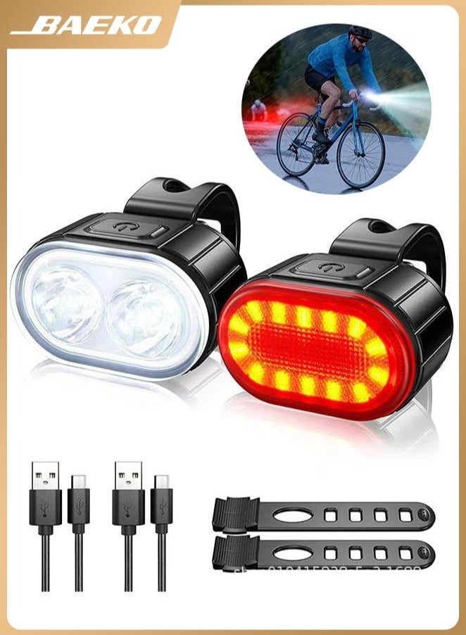 BAEKO Bike Lights Set, USB Rechargeable, Ultra Bright LED Cycle Light Front and Back Rear Light, IPX5 Waterproof Bike Light Set for Night Riding/Camping, 10 Lighting Modes, Longer Battery Life - Image 1