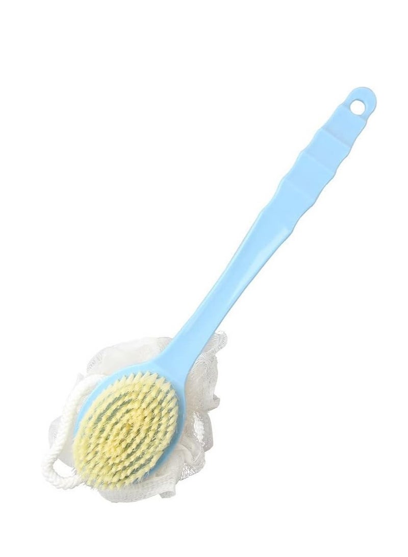 Excefore Bath Brush 2 in 1 Back Scrubber Long Handled With Ball Mesh Luffa Pouf Sponge Bathroom Tool Accessories Blue - Image 1