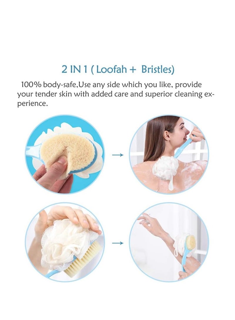 Excefore Bath Brush 2 in 1 Back Scrubber Long Handled With Ball Mesh Luffa Pouf Sponge Bathroom Tool Accessories Blue - Image 3