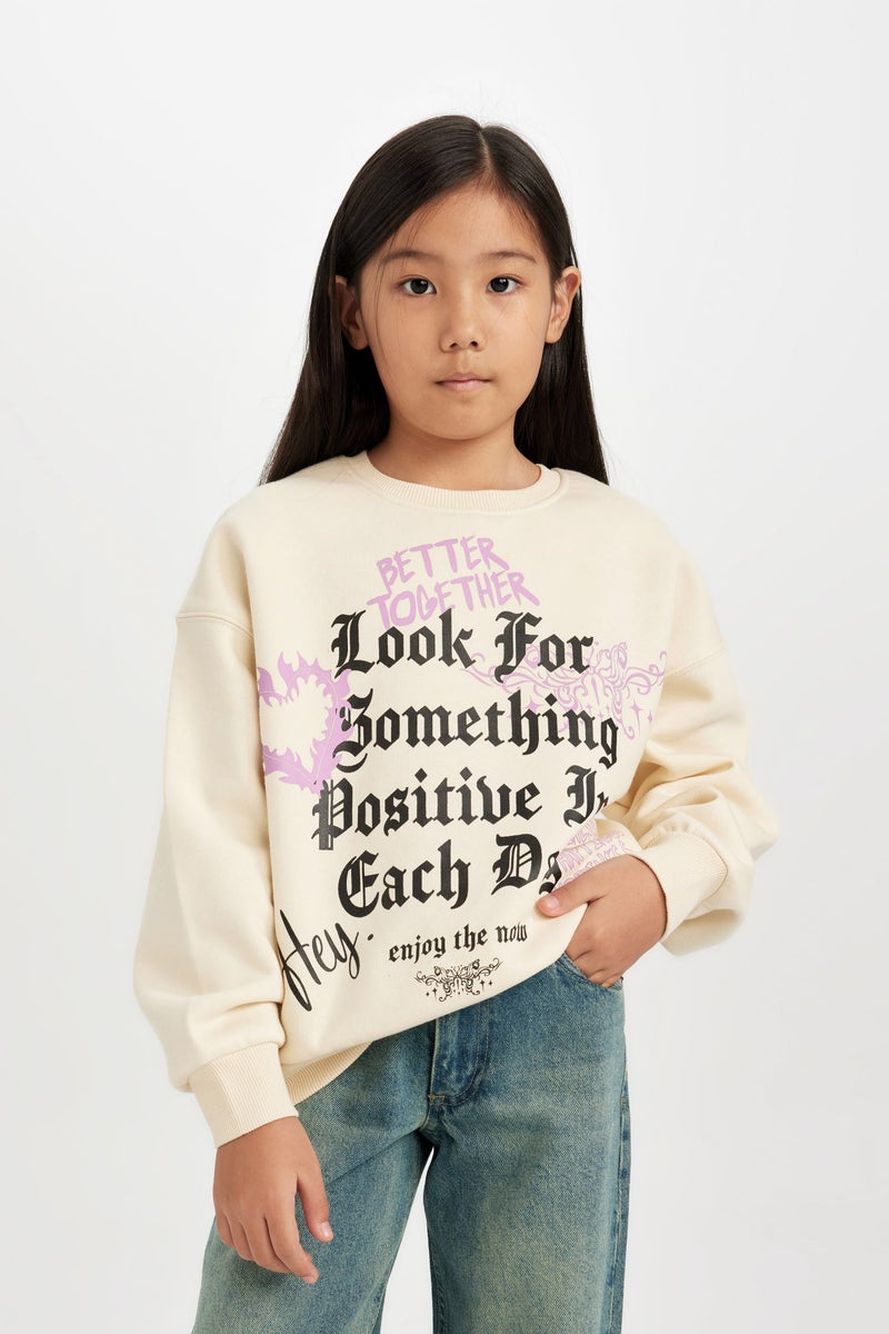 DeFacto Beige Girl Relax Fit Crew Neck Printed Sweatshirt Casual - Image 4