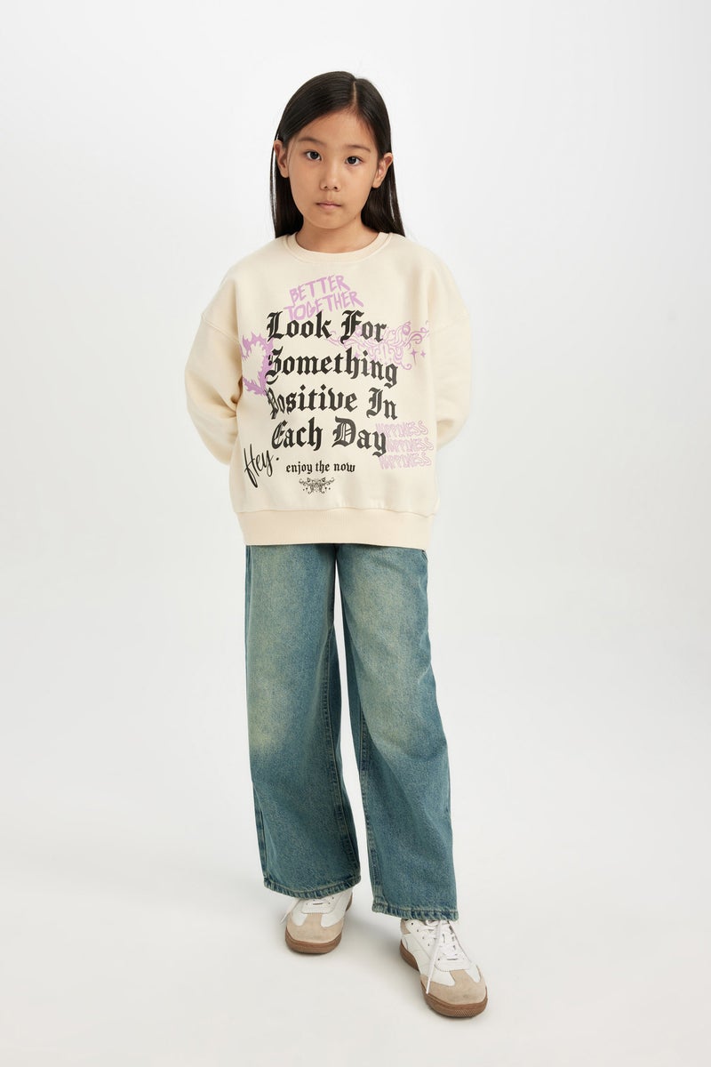 DeFacto Beige Girl Relax Fit Crew Neck Printed Sweatshirt Casual - Image 5