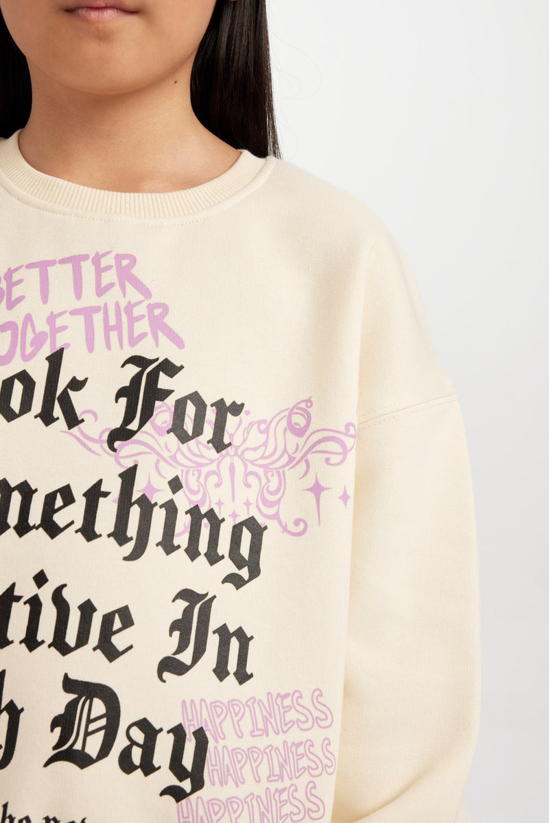 DeFacto Beige Girl Relax Fit Crew Neck Printed Sweatshirt Casual - Image 3