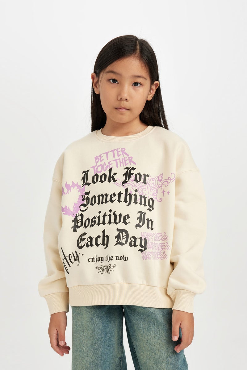 DeFacto Beige Girl Relax Fit Crew Neck Printed Sweatshirt Casual - Image 1