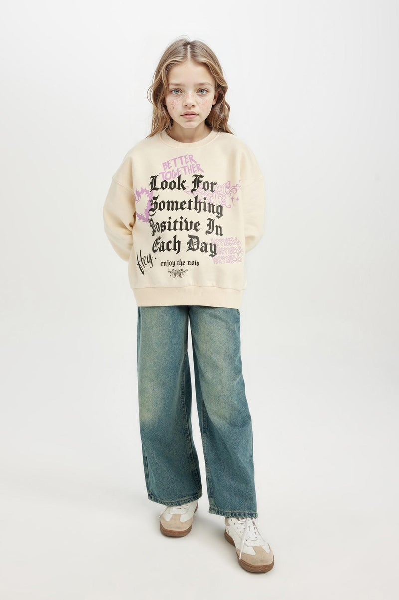 DeFacto Beige Girl Relax Fit Crew Neck Printed Sweatshirt Casual - Image 2