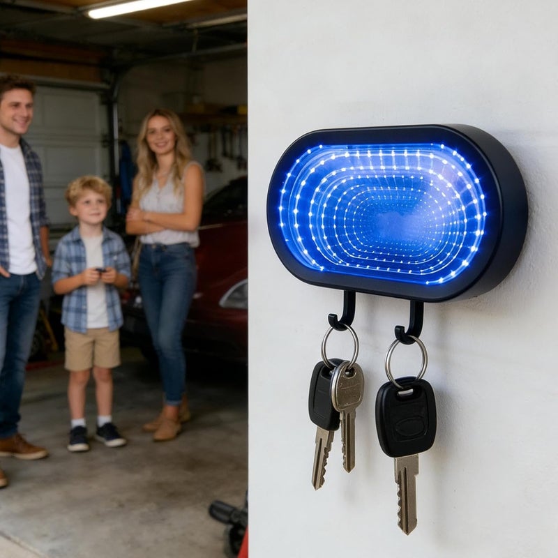 Car & Garage Key Holder, Decorative Mirror with Infinity Effect and Hook with LED Light - Rechargeable Key Hanger | For Men, Kids, Car Enthusiasts, Home, Office, Wall & E - Image 2