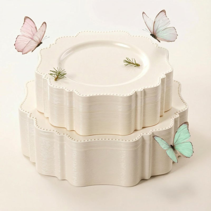 COLOSUS 60pcs Ivory Plastic Plates -Elegant Plastic Plates,Heavy Duty Cream Disposable Plates for Party Include 30 pcs Dinner Plate and 30 pcs Dessert Plate for Wedding/birthday/baby shower - Image 1