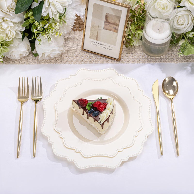 COLOSUS 60pcs Ivory Plastic Plates -Elegant Plastic Plates,Heavy Duty Cream Disposable Plates for Party Include 30 pcs Dinner Plate and 30 pcs Dessert Plate for Wedding/birthday/baby shower - Image 2