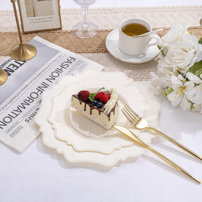 COLOSUS 60pcs Ivory Plastic Plates -Elegant Plastic Plates,Heavy Duty Cream Disposable Plates for Party Include 30 pcs Dinner Plate and 30 pcs Dessert Plate for Wedding/birthday/baby shower - Image 5