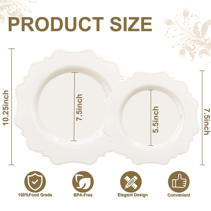 COLOSUS 60pcs Ivory Plastic Plates -Elegant Plastic Plates,Heavy Duty Cream Disposable Plates for Party Include 30 pcs Dinner Plate and 30 pcs Dessert Plate for Wedding/birthday/baby shower - Image 3