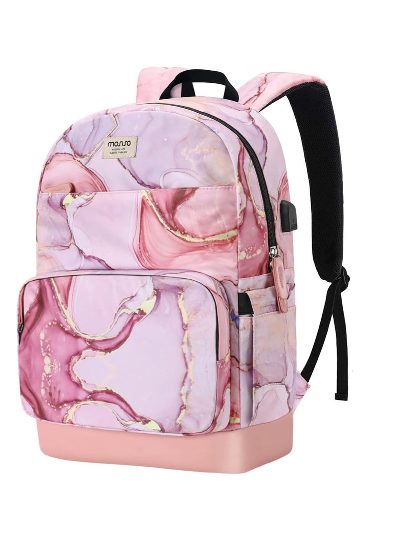 MOSISO 15.6-16 inch 20L Laptop Backpack for Women, Polyester Anti-Theft Casual Daypack Bag with Luggage Strap&USB Charging Port, Travel Business Backpack, Marble MO-MBH216, Pink - Image 1