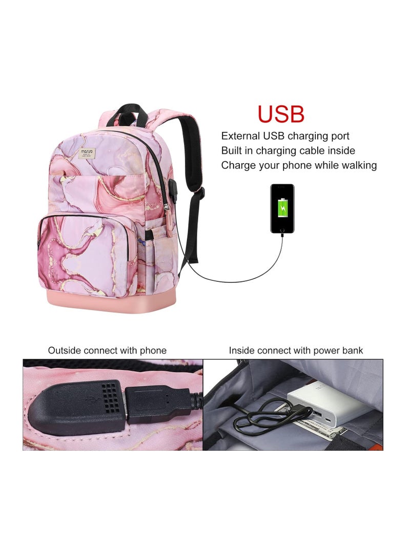 MOSISO 15.6-16 inch 20L Laptop Backpack for Women, Polyester Anti-Theft Casual Daypack Bag with Luggage Strap&USB Charging Port, Travel Business Backpack, Marble MO-MBH216, Pink - Image 2