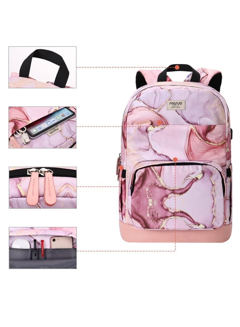 MOSISO 15.6-16 inch 20L Laptop Backpack for Women, Polyester Anti-Theft Casual Daypack Bag with Luggage Strap&USB Charging Port, Travel Business Backpack, Marble MO-MBH216, Pink - Image 3