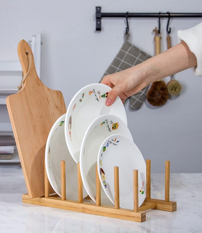Lawei 4 Pack Bamboo Cupboards Dish Rack  Plate Rack Stand Pot Lid Holder Kitchen Cabinet Organizer for Bowl Cup Cutting Board and More 33 x 12 x 105cm - Image 5