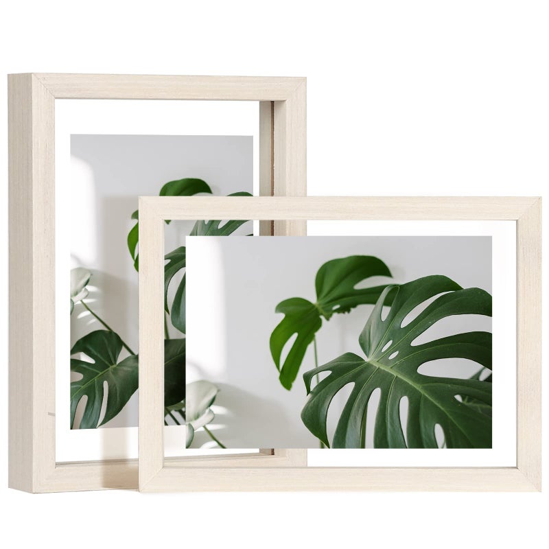 Egofine 5x7 Floating Frames Set of 2 Double Plexiglass Picture Frame Made of Solid Wood Display Any Size Photo up to 5x7 Wall Mount or Tabletop Standing Beige