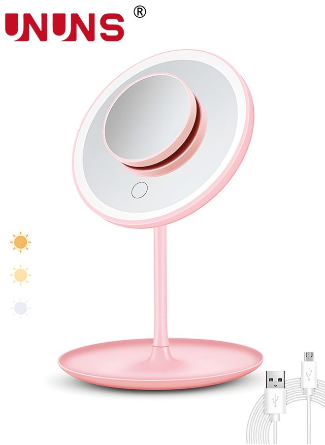 UNUNS Makeup Mirror with Lights,USB Rechargeable 5X Magnifying Vanity Mirror,3 Color Modes,90°Free Rotation,Lighted Mirror,LED Lighting Desktop  Mirror,Portable Big Light Up Mirror For Travel,Pink  - Image 1