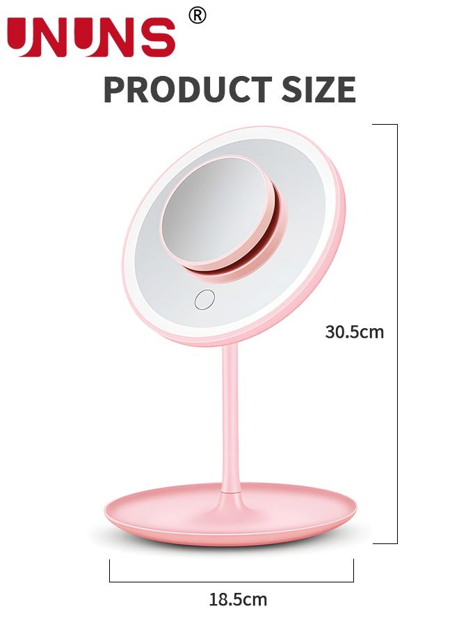 Makeup Mirror with Lights,USB Rechargeable 5X Magnifying Vanity Mirror,3 Color Modes,90°Free Rotation,Lighted Mirror,LED Lighting Desktop  Mirror,Portable Big Light Up Mirror For Travel,Pink