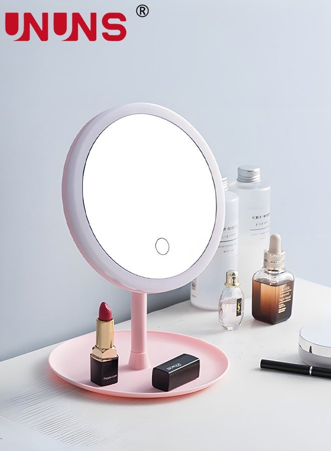 Makeup Mirror with Lights,USB Rechargeable 5X Magnifying Vanity Mirror,3 Color Modes,90°Free Rotation,Lighted Mirror,LED Lighting Desktop  Mirror,Portable Big Light Up Mirror For Travel,Pink