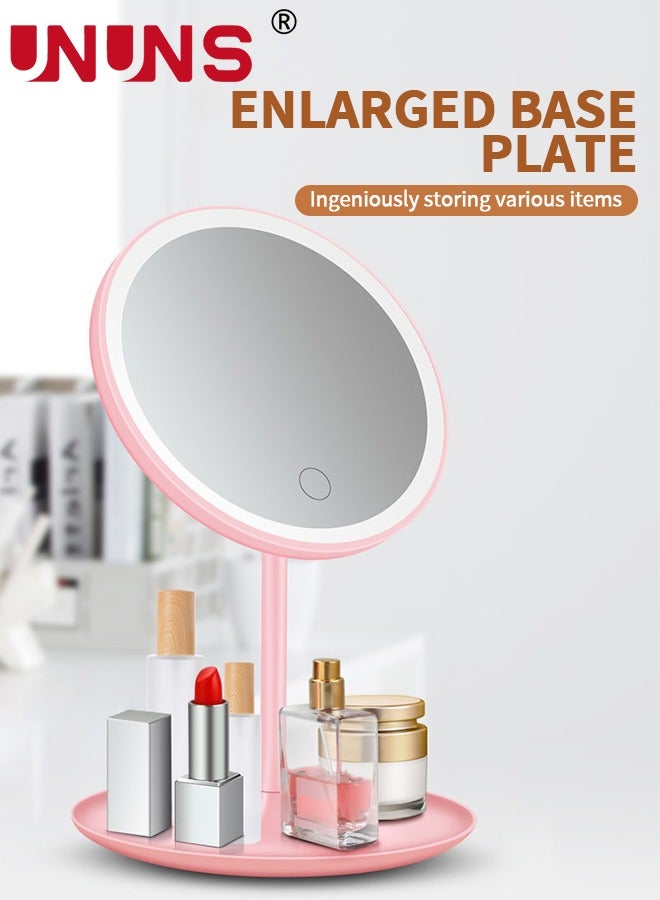 Makeup Mirror with Lights,USB Rechargeable 5X Magnifying Vanity Mirror,3 Color Modes,90°Free Rotation,Lighted Mirror,LED Lighting Desktop  Mirror,Portable Big Light Up Mirror For Travel,Pink