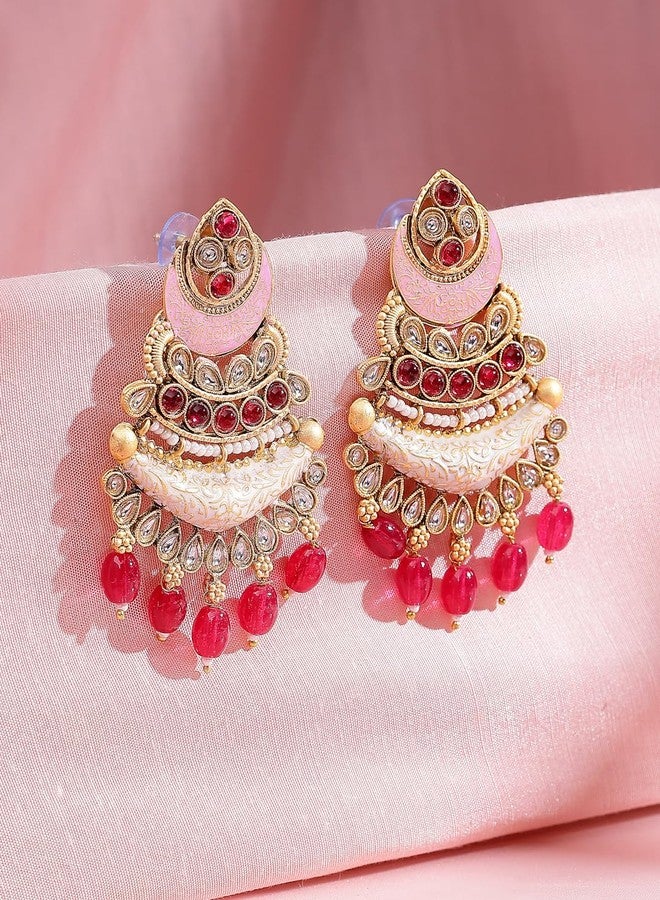 ADIVA 22K Gold-plated Kundan Stone Studded & Glossy Green Pearl Meenakari Designer Drop Earrings Set for women, Traditional Stylish Jhumka for Girls Party, Wedding, Festive - Image 4