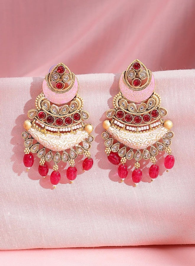 ADIVA 22K Gold-plated Kundan Stone Studded & Glossy Green Pearl Meenakari Designer Drop Earrings Set for women, Traditional Stylish Jhumka for Girls Party, Wedding, Festive - Image 3