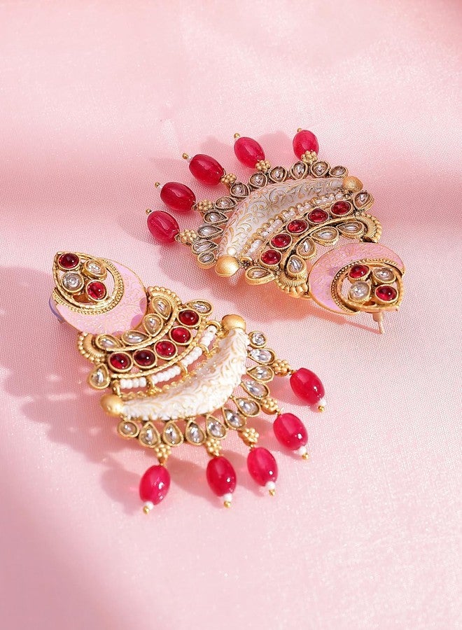 ADIVA 22K Gold-plated Kundan Stone Studded & Glossy Green Pearl Meenakari Designer Drop Earrings Set for women, Traditional Stylish Jhumka for Girls Party, Wedding, Festive - Image 5