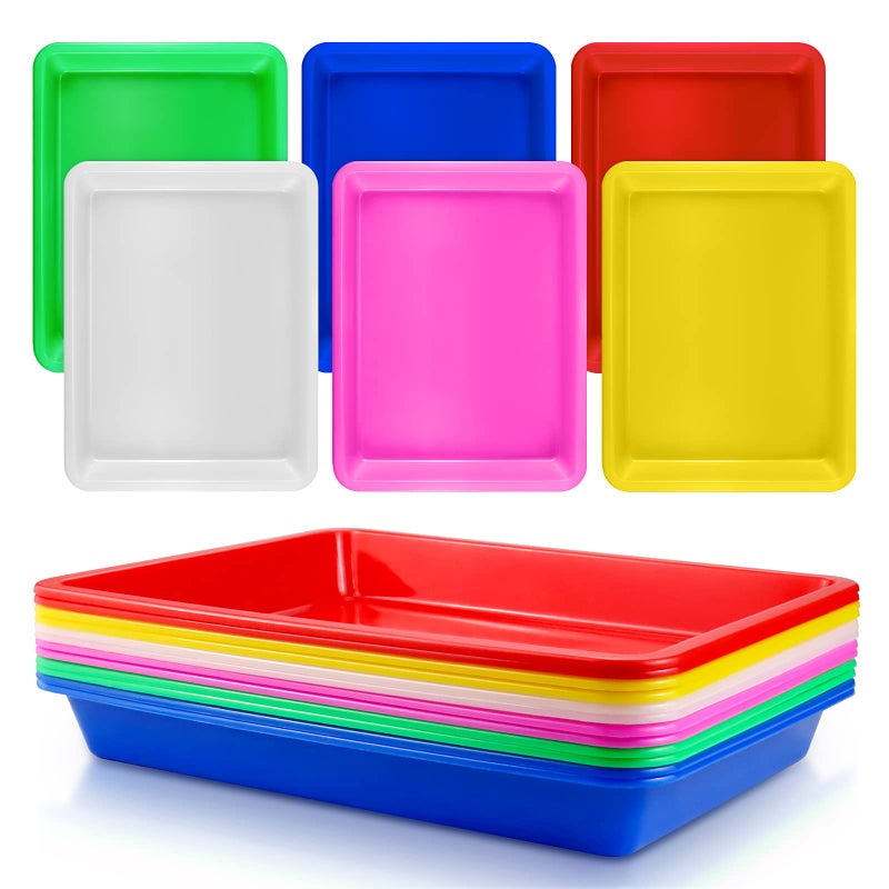 Bercoor 12 Pack Plastic Art Trays 6 Colors Activity Crafts Tray Serving Tray Organizer Tray for Kids School Classroom DIY Projects Painting Jewelry Beads Home Organizing Supply