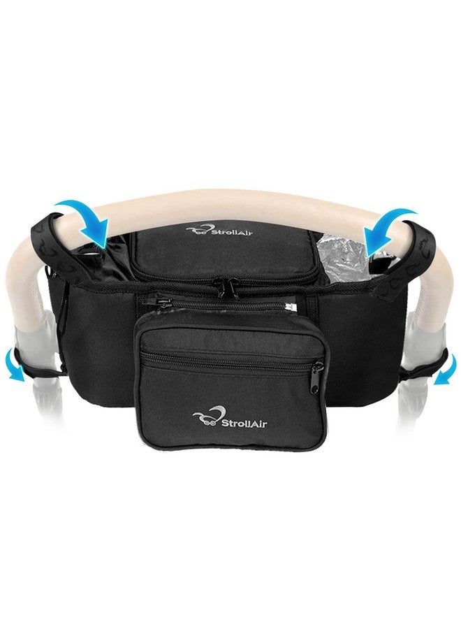 StrollAir Universal Stroller Organizer with Insulated Cup Holder, Stroller Caddy Compatible with Cosmos, Solo, Nuna, Baby Jogger, Bumbleride, Uppababy, Parent Drink Holder Stroller Accessories (Black) - Image 1