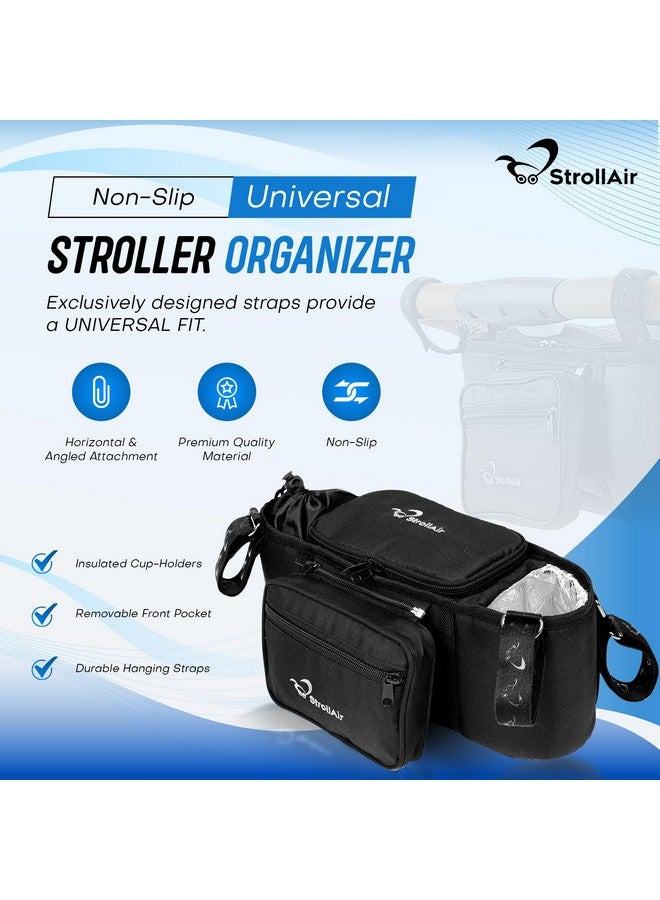 StrollAir Universal Stroller Organizer with Insulated Cup Holder, Stroller Caddy Compatible with Cosmos, Solo, Nuna, Baby Jogger, Bumbleride, Uppababy, Parent Drink Holder Stroller Accessories (Black) - Image 3