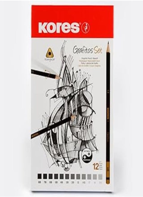 Kores - grafitos: graphite pencils different grades set for kids and adults with soft lead, triangular shape, school and art supplies for writing, drawing and sketching, set of 12 in metal box