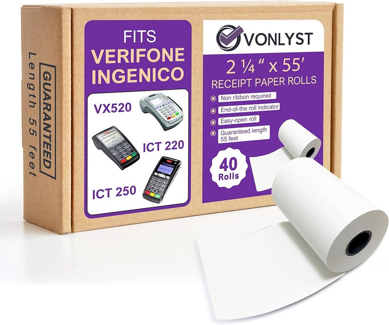 Vonlyst Thermal Paper Roll 2 1/4 x 55 for Verifone Vx520 Ingenico ICT220 ICT250 FD400 (40 rolls) - Image 1