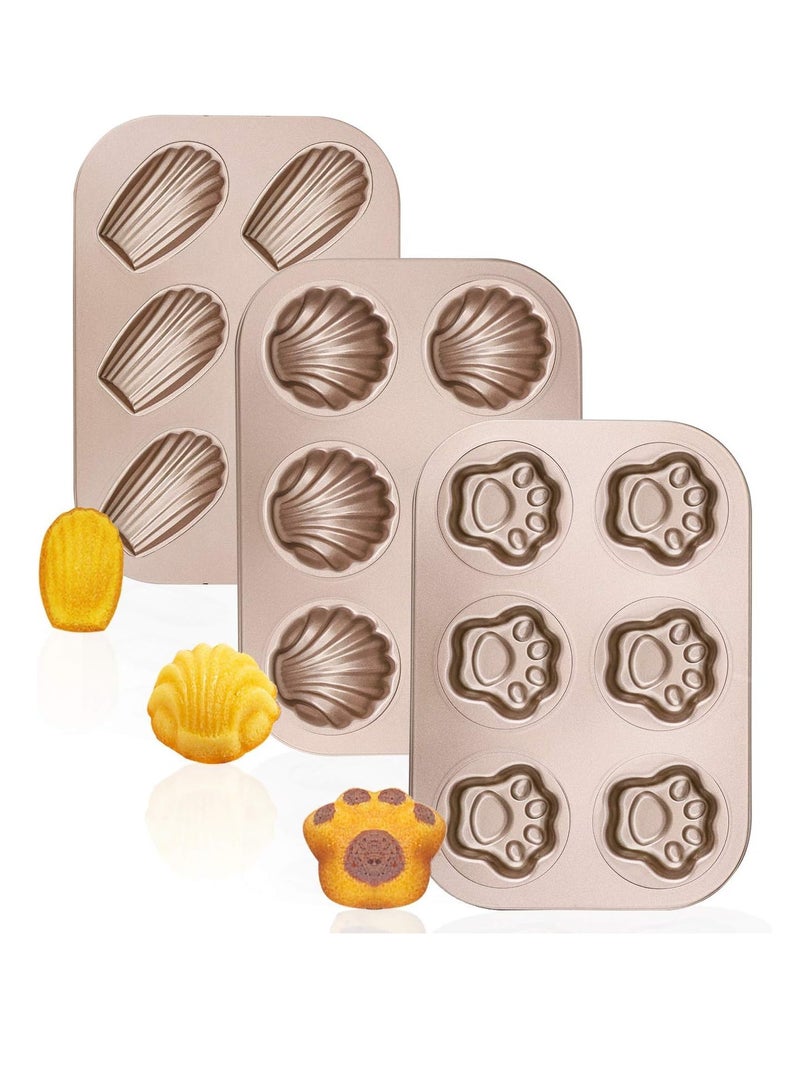 Hihonor 3 Pack Madeleine Pans, 10x7 Inch 6 Cavity Nonstick Cat Shaped Cake Cookies Pan Carbon Steel Madeleine Mold Shell Madeline Pan - Image 1