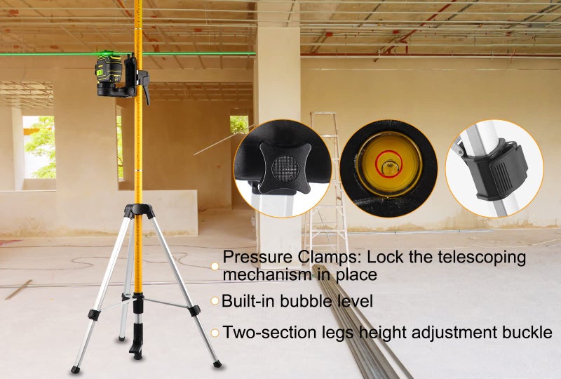 Firecore Laser Level Pole, Firecore Upgraded 12 ft. Telescoping Laser Pole with Tripod and Multifunctional Mounting Clamp, Adjustable Bracket with 1/4"-20 Laser Mount for Rotary and Line Laser Level- FLP370CX - Image 5