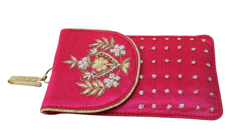 MILAN'S CREATION Mobile Pouch Zardozi & Pearls Hand Embroidery With Waist Clip Hook & Sling Chain (removable) | Ladies Women’s Handbag Wallet Sling Purse | Party Wedding Festival Giveaways Gift - Image 4