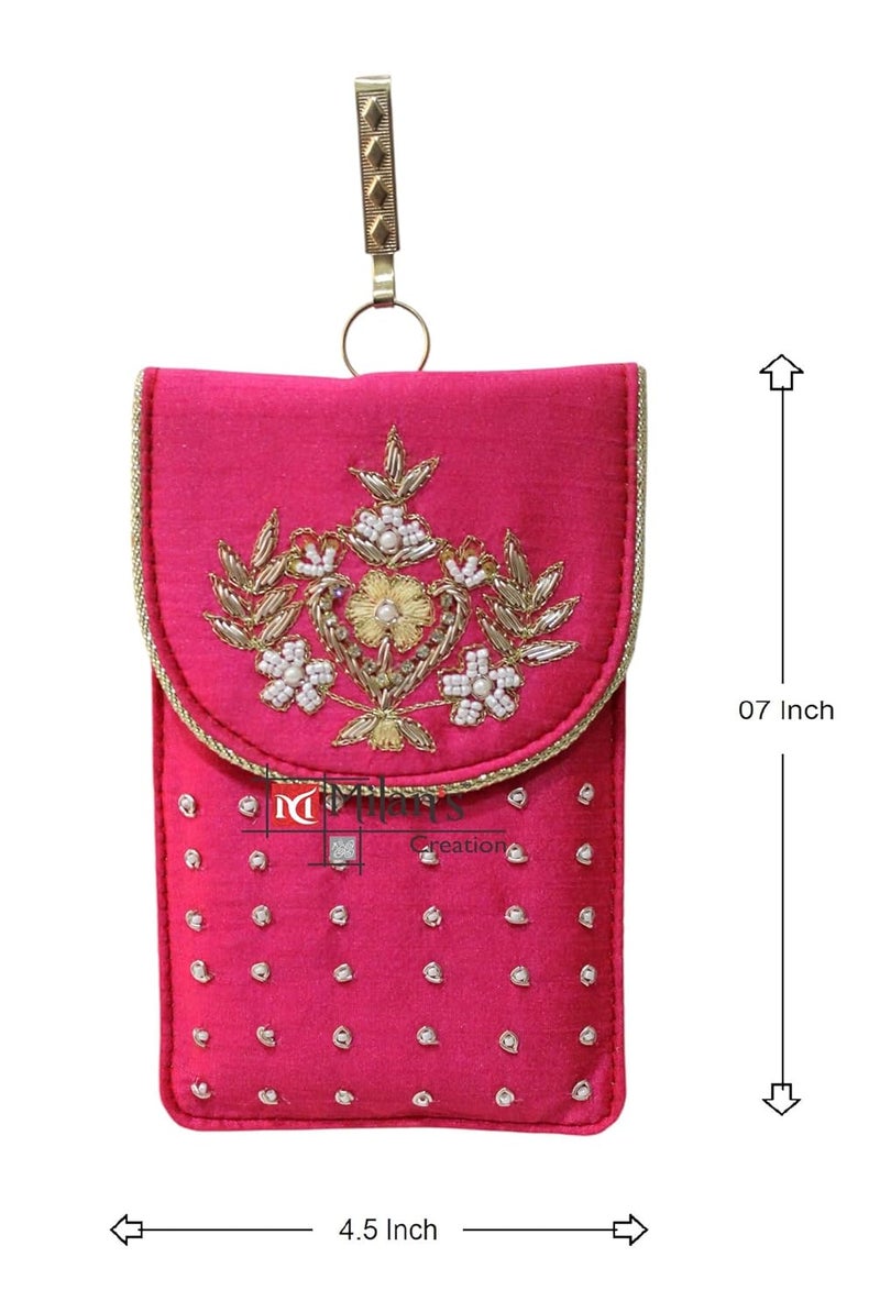 MILAN'S CREATION Mobile Pouch Zardozi & Pearls Hand Embroidery With Waist Clip Hook & Sling Chain (removable) | Ladies Women’s Handbag Wallet Sling Purse | Party Wedding Festival Giveaways Gift - Image 5