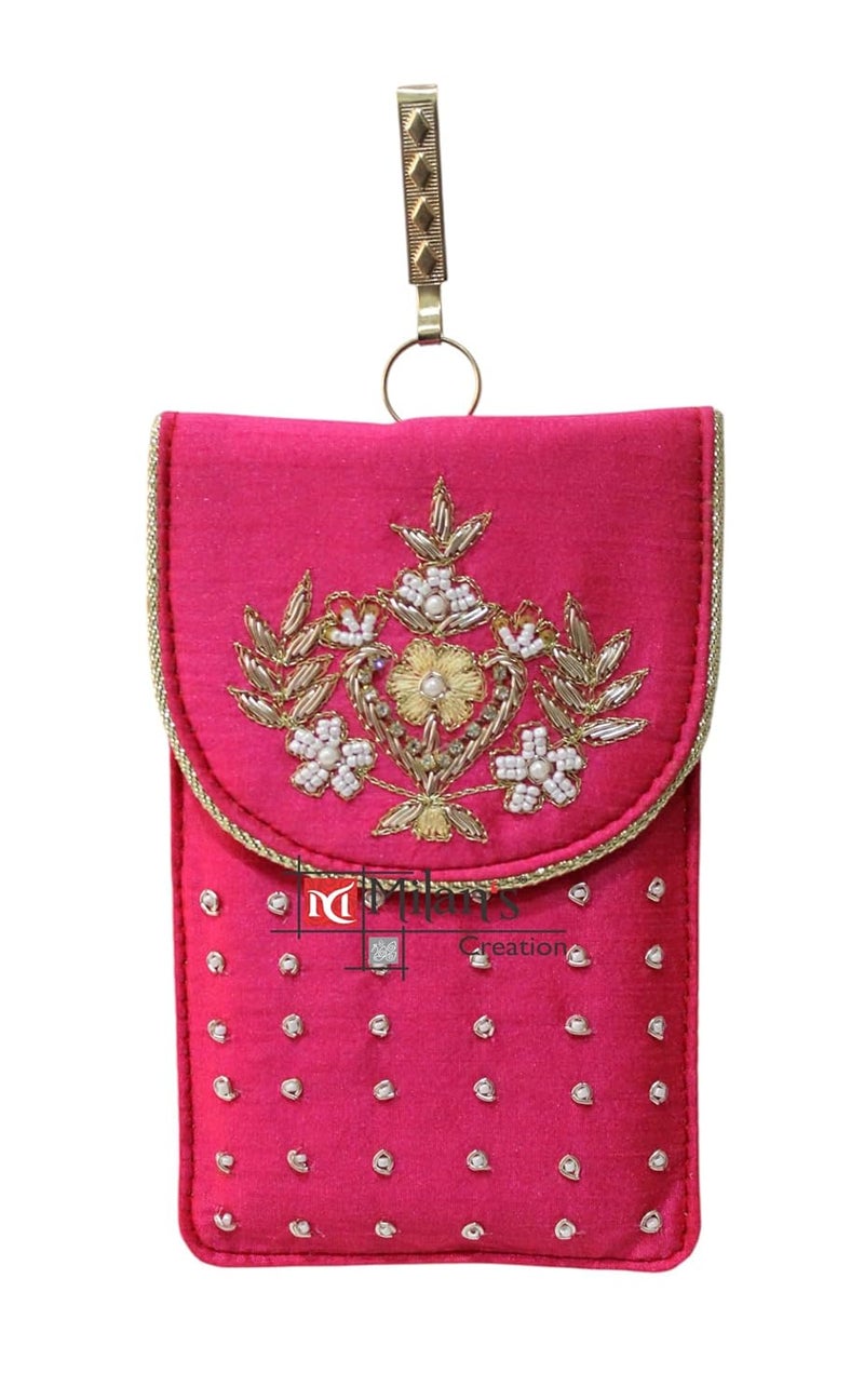 MILAN'S CREATION Mobile Pouch Zardozi & Pearls Hand Embroidery With Waist Clip Hook & Sling Chain (removable) | Ladies Women’s Handbag Wallet Sling Purse | Party Wedding Festival Giveaways Gift - Image 1