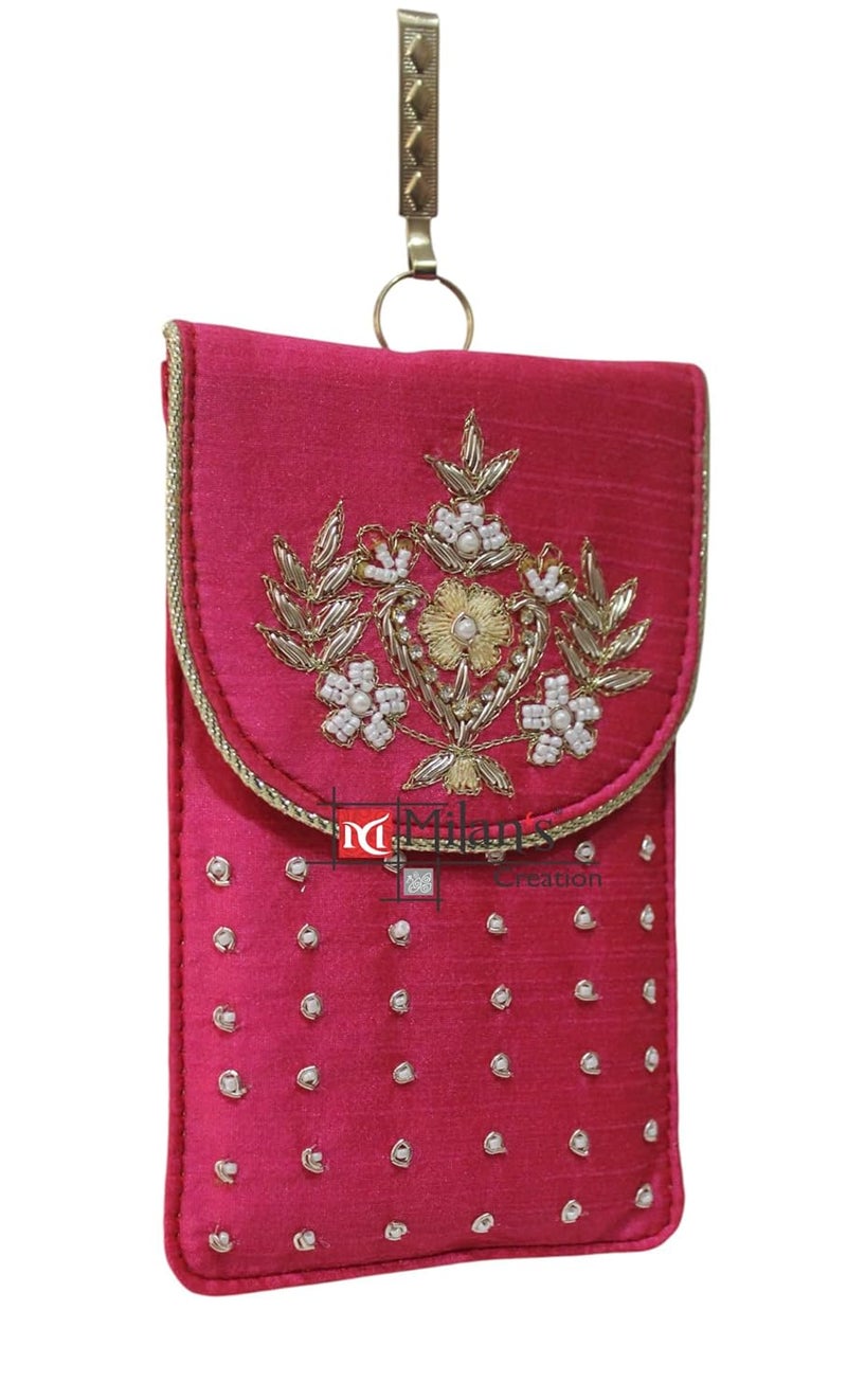 MILAN'S CREATION Mobile Pouch Zardozi & Pearls Hand Embroidery With Waist Clip Hook & Sling Chain (removable) | Ladies Women’s Handbag Wallet Sling Purse | Party Wedding Festival Giveaways Gift - Image 3