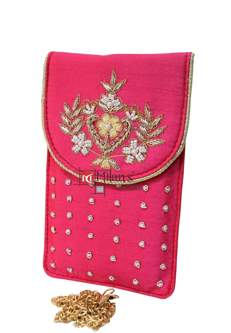 MILAN'S CREATION Mobile Pouch Zardozi & Pearls Hand Embroidery With Waist Clip Hook & Sling Chain (removable) | Ladies Women’s Handbag Wallet Sling Purse | Party Wedding Festival Giveaways Gift - Image 2