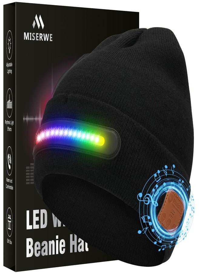 MISERWE Music Dance Light Beanie Hat, Unisex Rechargeable Headlamp Beanie with 20 LED Lights and Detachable Mic, Wireless Music Beanie Hat for Men Women Black - Image 1