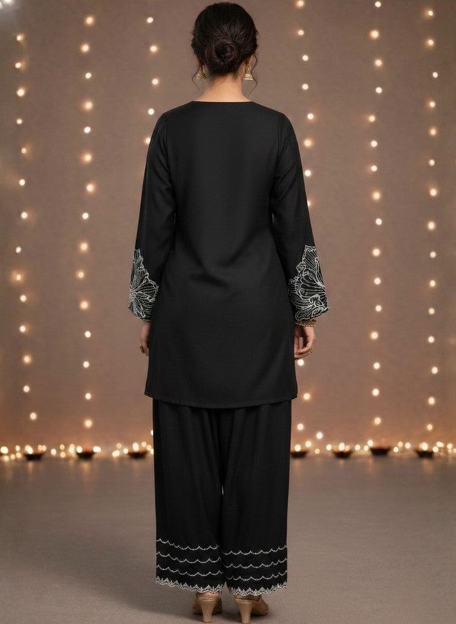 WineRed Black Ethnic Motifs Embroidered Kurta with Palazzos and Dupatta - Image 4