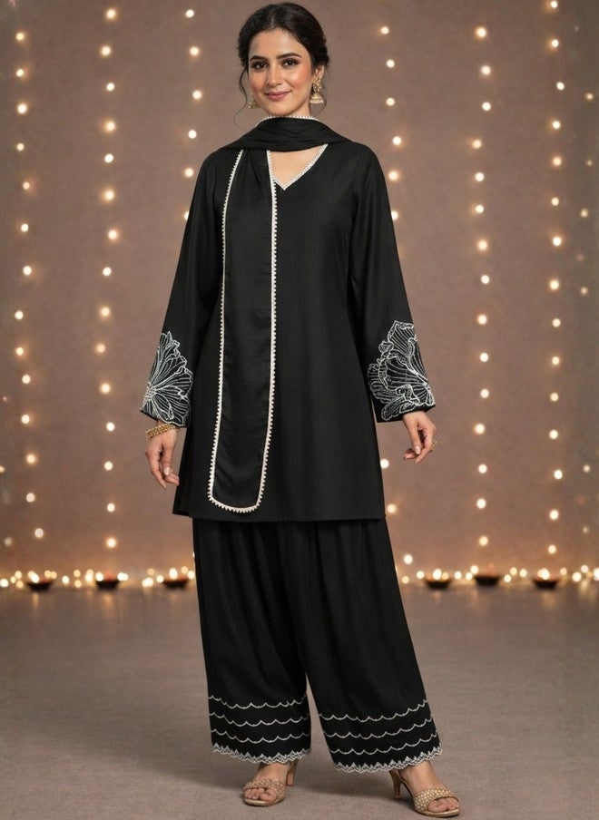 WineRed Black Ethnic Motifs Embroidered Kurta with Palazzos and Dupatta - Image 1