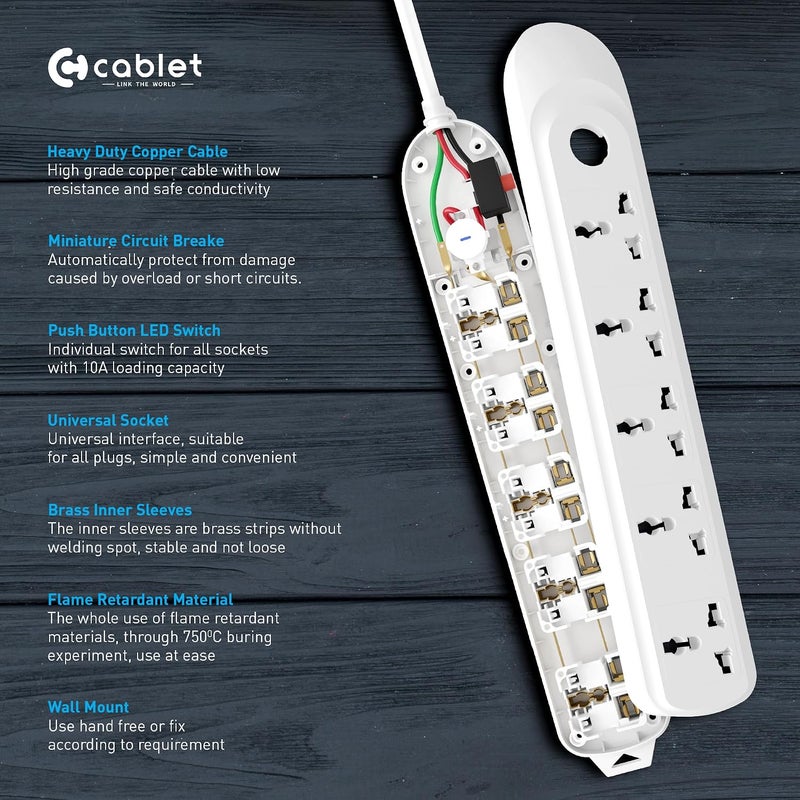 Cablet Extension Board 1500W 6A | 5 Universal Multi Plug Sockets with Surge Protector, Overload Protection, 4.5M Heavy Duty Cord, LED Indicator Master Switch, Spike Guard Power Strip for Home & Office - Image 4
