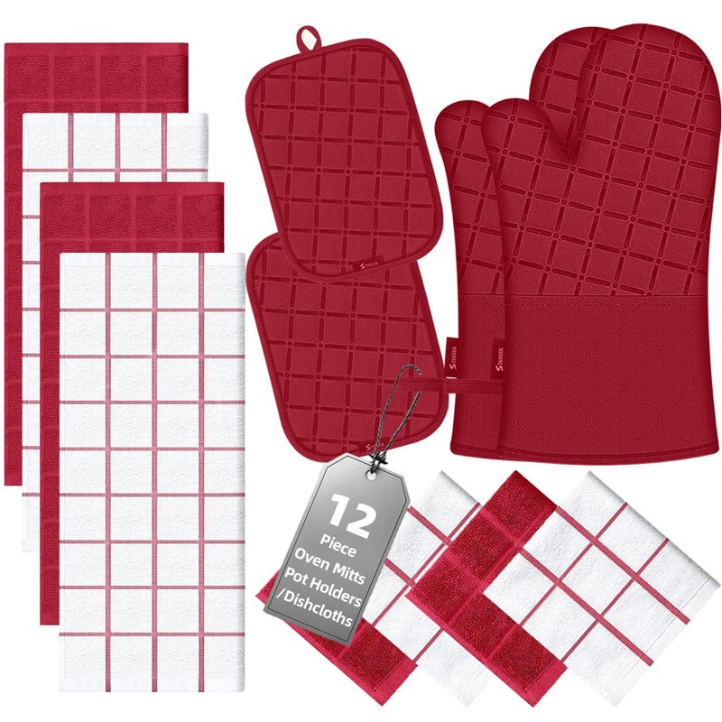 Oven Mitts Kitchen Towels and Dishcloths Pot Holders Sets Oven Gloves Kitchen Dish Towels 500 Degree Heat Resistant Potholders with NonSlip Silicone Surface for Cooking Grilling BakingRed
