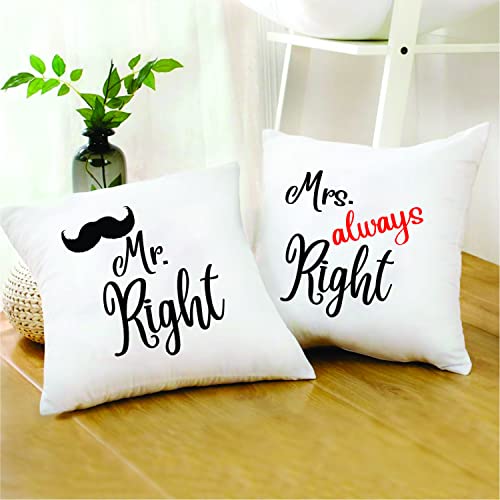 PICRAZEE Satin "Mr Right Mrs Always Right" Couple Gift Combo | Husband And Wife (2 Nos. Of 12"X12" Satin Cushion With Filler, 2 Nos. Mugs & 2 Nos. Keyrings) (1203) - Image 2