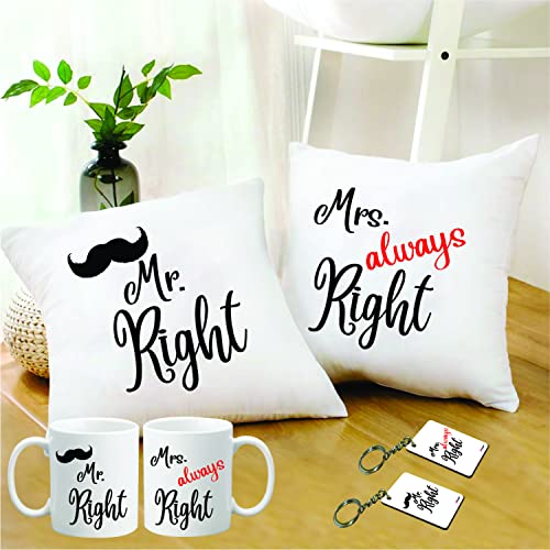 PICRAZEE Satin "Mr Right Mrs Always Right" Couple Gift Combo | Husband And Wife (2 Nos. Of 12"X12" Satin Cushion With Filler, 2 Nos. Mugs & 2 Nos. Keyrings) (1203) - Image 1