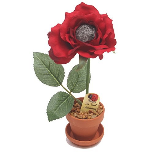 JustPaperRoses - 11th Anniversary Steel Wool Rose - Silver Gray - 7" Desk Decor - Single Pack - Handmade Flower in Terra Cotta Pot, Traditional Gift for Him or Her - Image 1
